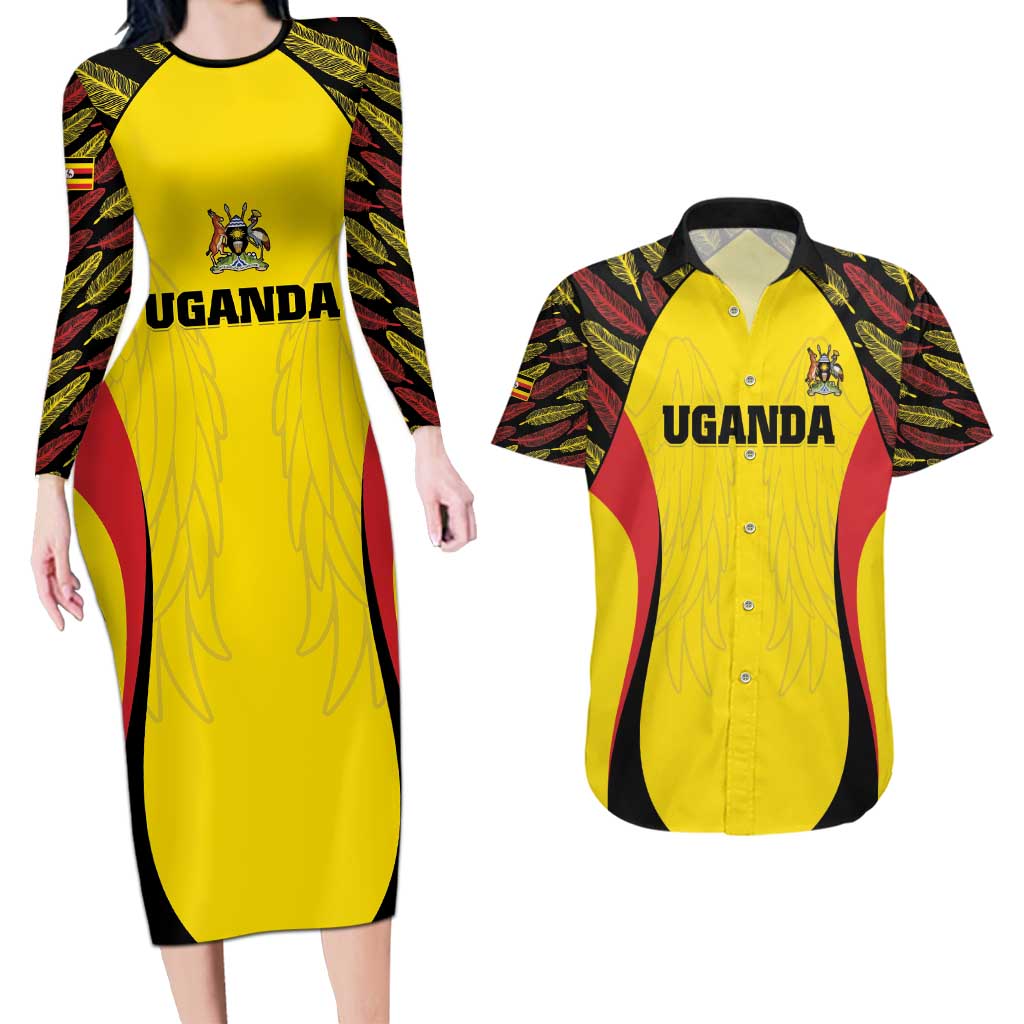 Custom Uganda Cricket Couples Matching Long Sleeve Bodycon Dress and Hawaiian Shirt Go Cricket Cranes - Wonder Print Shop