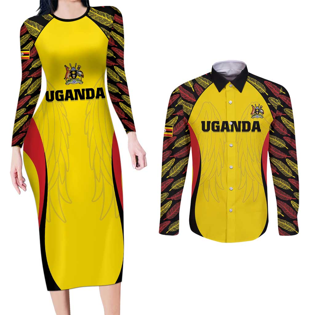 Custom Uganda Cricket Couples Matching Long Sleeve Bodycon Dress and Long Sleeve Button Shirt Go Cricket Cranes - Wonder Print Shop