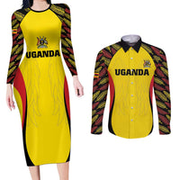 Custom Uganda Cricket Couples Matching Long Sleeve Bodycon Dress and Long Sleeve Button Shirt Go Cricket Cranes - Wonder Print Shop