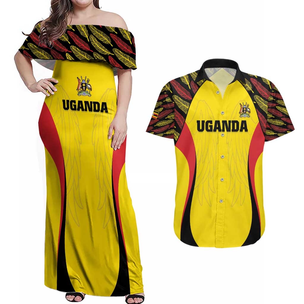 Custom Uganda Cricket Couples Matching Off Shoulder Maxi Dress and Hawaiian Shirt Go Cricket Cranes - Wonder Print Shop