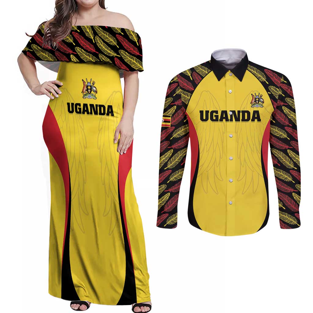 Custom Uganda Cricket Couples Matching Off Shoulder Maxi Dress and Long Sleeve Button Shirt Go Cricket Cranes - Wonder Print Shop