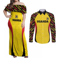Custom Uganda Cricket Couples Matching Off Shoulder Maxi Dress and Long Sleeve Button Shirt Go Cricket Cranes - Wonder Print Shop