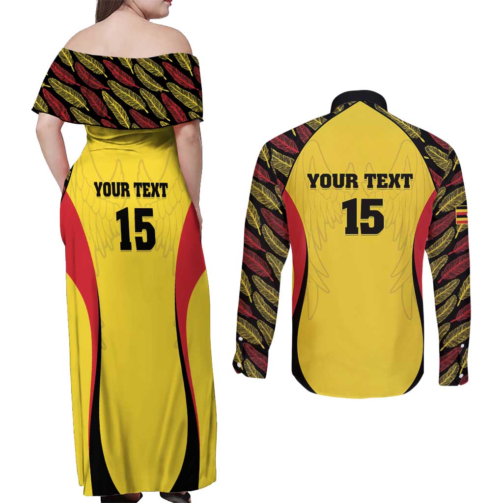 Custom Uganda Cricket Couples Matching Off Shoulder Maxi Dress and Long Sleeve Button Shirt Go Cricket Cranes - Wonder Print Shop