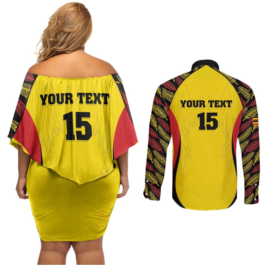 Custom Uganda Cricket Couples Matching Off Shoulder Short Dress and Long Sleeve Button Shirt Go Cricket Cranes - Wonder Print Shop