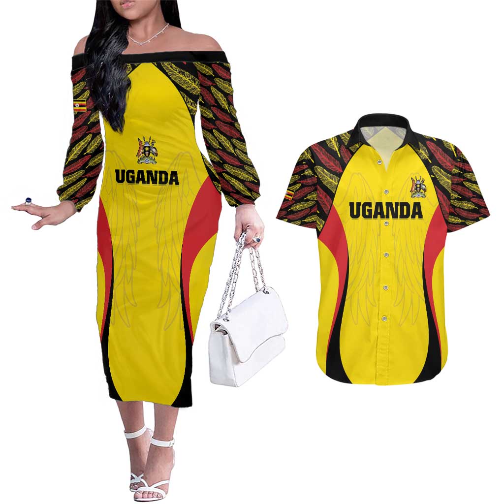 Custom Uganda Cricket Couples Matching Off The Shoulder Long Sleeve Dress and Hawaiian Shirt Go Cricket Cranes - Wonder Print Shop