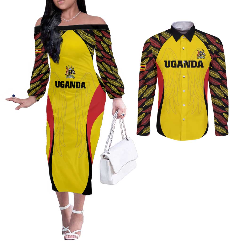 Custom Uganda Cricket Couples Matching Off The Shoulder Long Sleeve Dress and Long Sleeve Button Shirt Go Cricket Cranes - Wonder Print Shop
