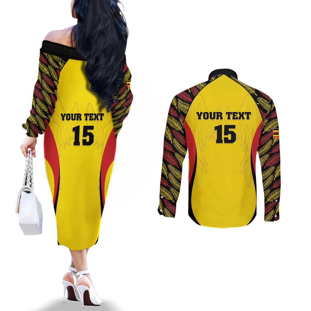 Custom Uganda Cricket Couples Matching Off The Shoulder Long Sleeve Dress and Long Sleeve Button Shirt Go Cricket Cranes - Wonder Print Shop