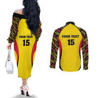 Custom Uganda Cricket Couples Matching Off The Shoulder Long Sleeve Dress and Long Sleeve Button Shirt Go Cricket Cranes - Wonder Print Shop