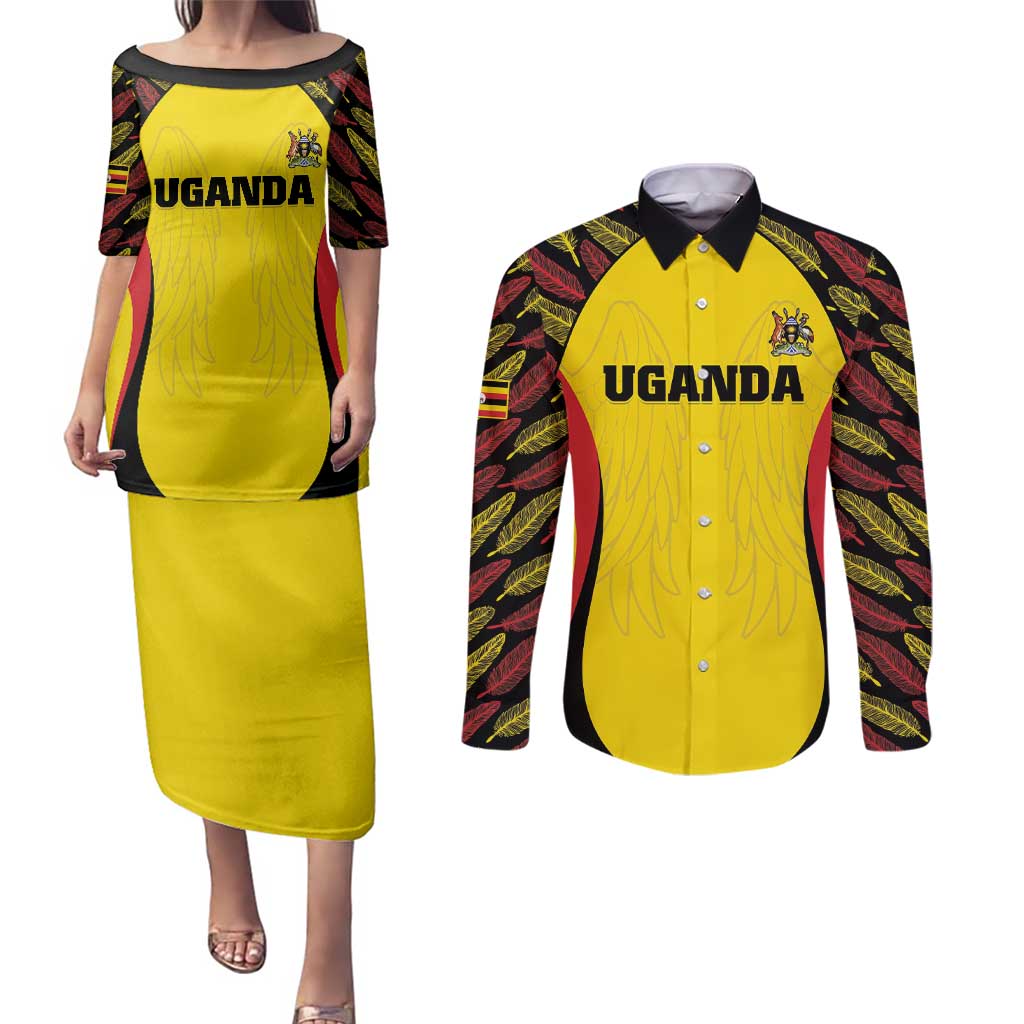 Custom Uganda Cricket Couples Matching Puletasi and Long Sleeve Button Shirt Go Cricket Cranes - Wonder Print Shop