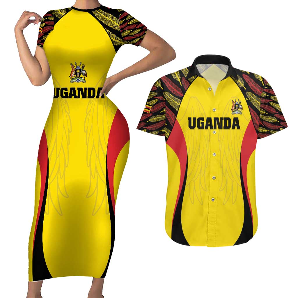 Custom Uganda Cricket Couples Matching Short Sleeve Bodycon Dress and Hawaiian Shirt Go Cricket Cranes - Wonder Print Shop