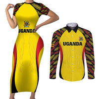 Custom Uganda Cricket Couples Matching Short Sleeve Bodycon Dress and Long Sleeve Button Shirt Go Cricket Cranes - Wonder Print Shop