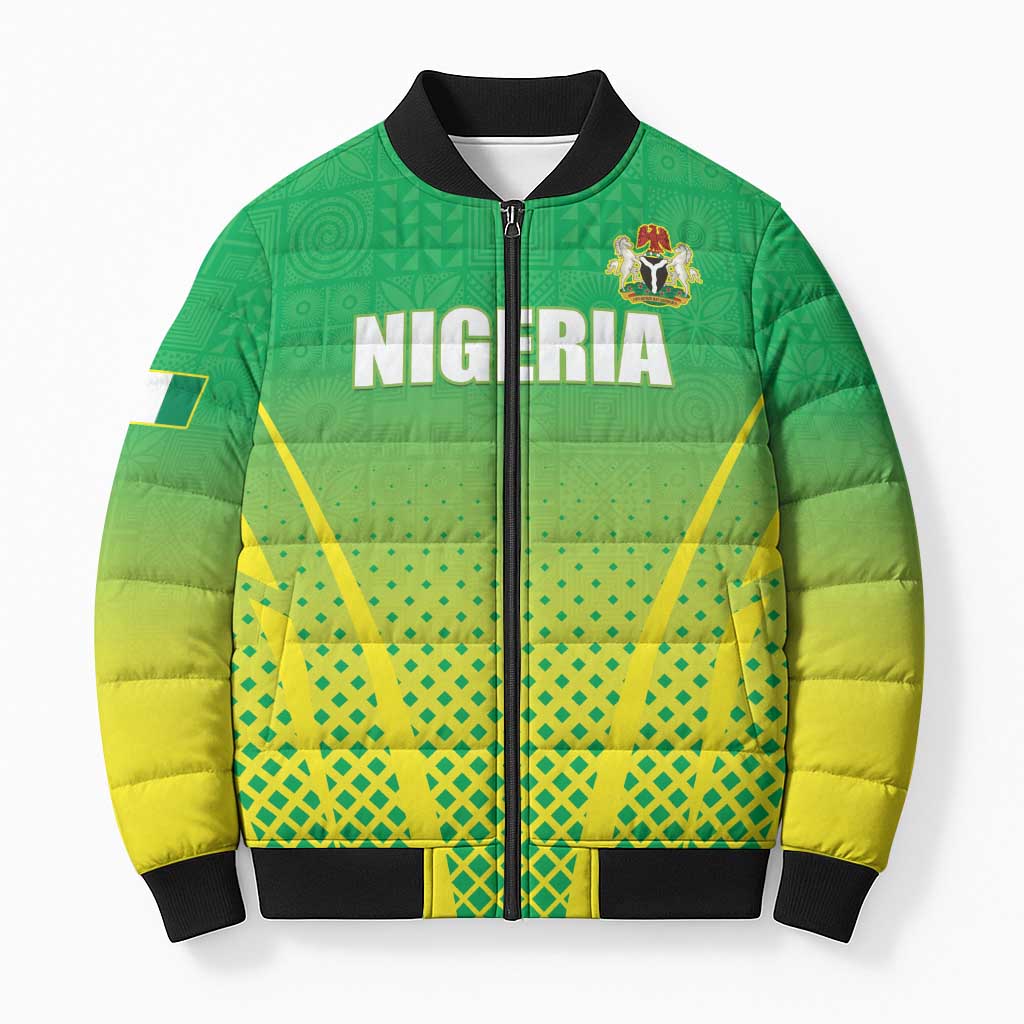Custom Nigeria Cricket Bomber Puffer Jacket Come On Yellow Greens - Wonder Print Shop
