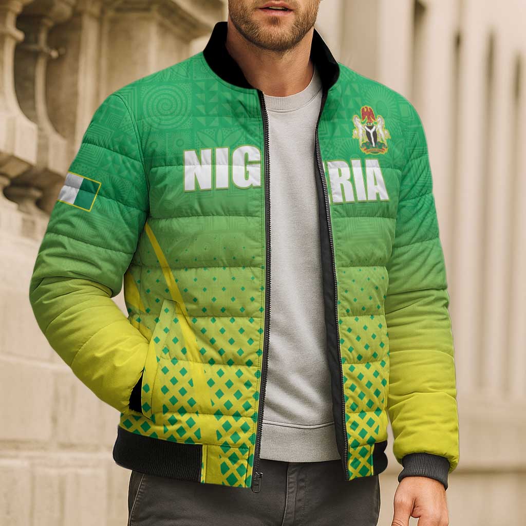 Custom Nigeria Cricket Bomber Puffer Jacket Come On Yellow Greens - Wonder Print Shop