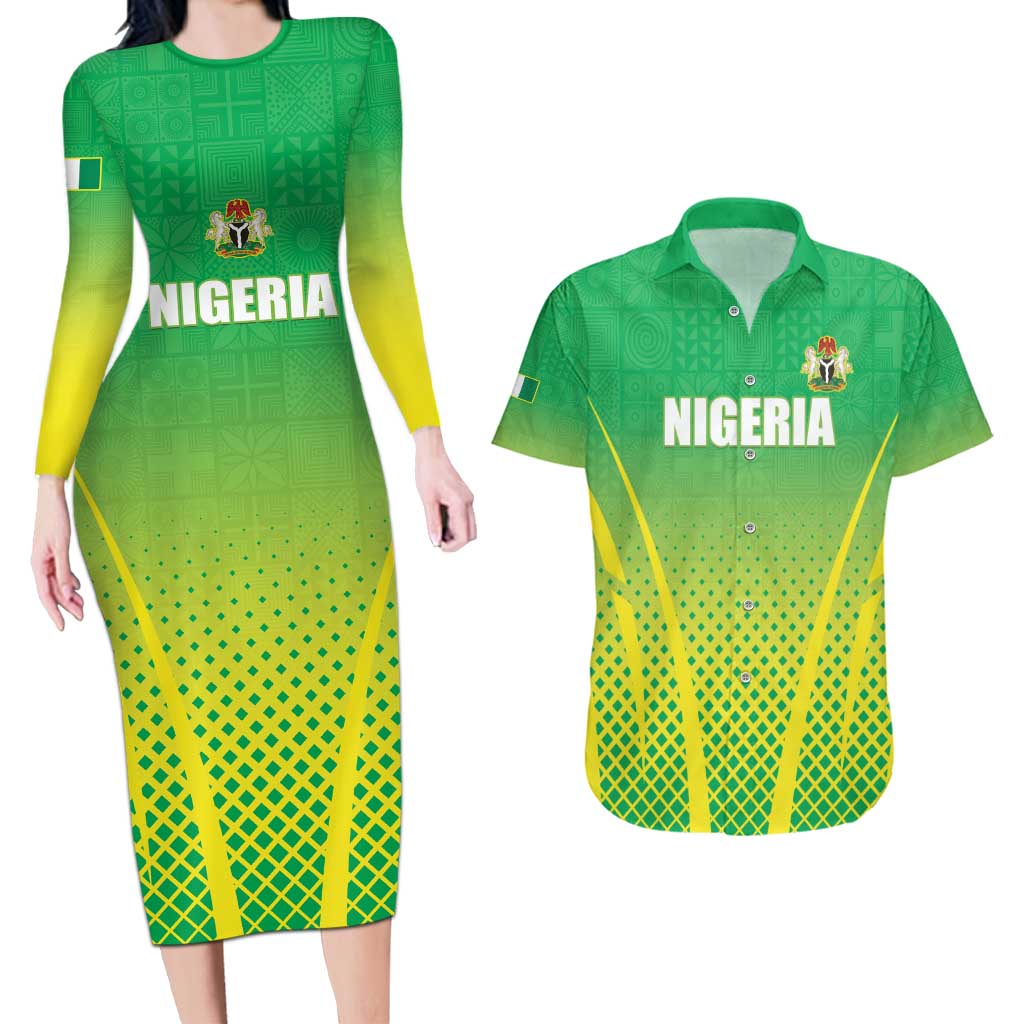 Custom Nigeria Cricket Couples Matching Long Sleeve Bodycon Dress and Hawaiian Shirt Come On Yellow Greens - Wonder Print Shop