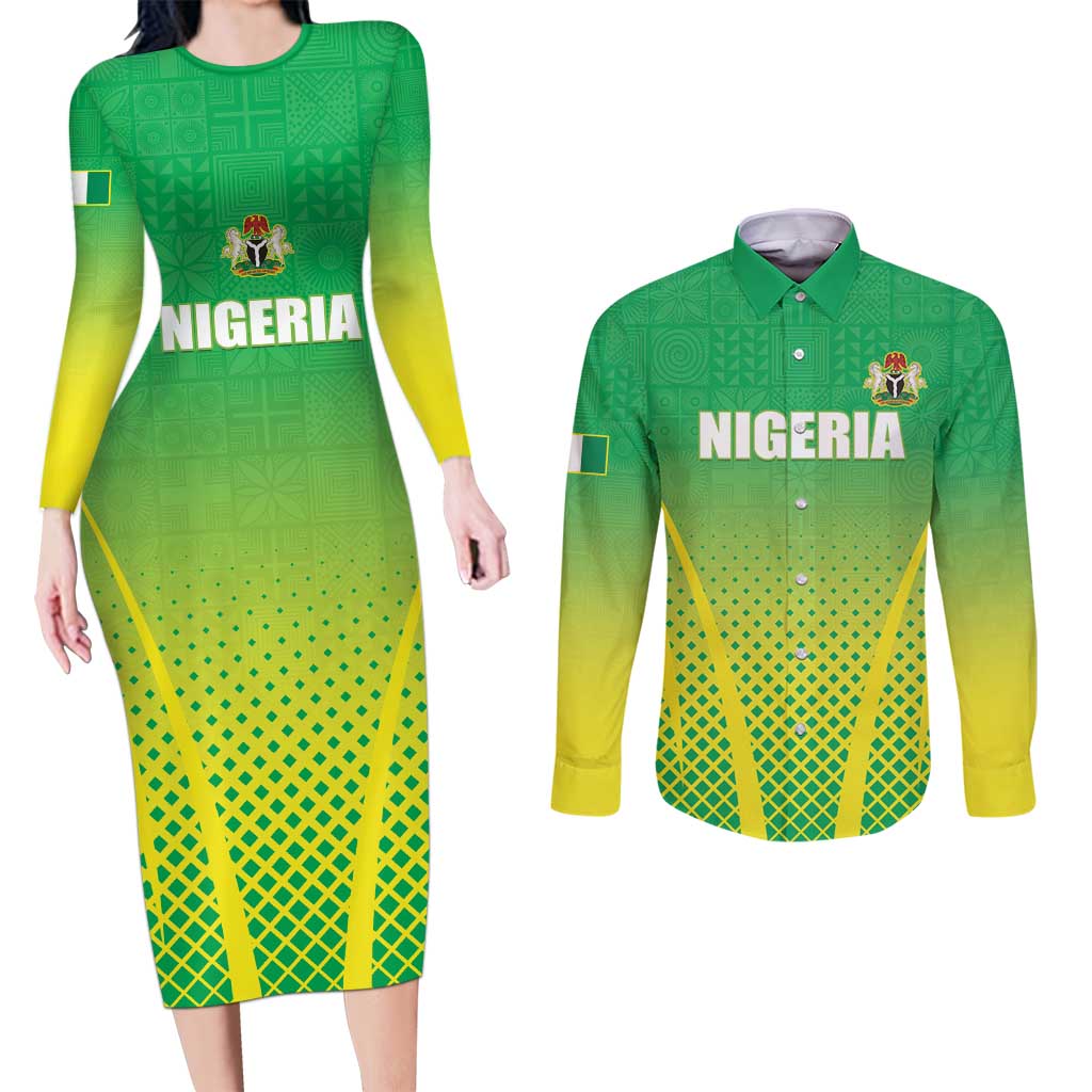 Custom Nigeria Cricket Couples Matching Long Sleeve Bodycon Dress and Long Sleeve Button Shirt Come On Yellow Greens - Wonder Print Shop