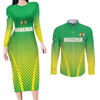 Custom Nigeria Cricket Couples Matching Long Sleeve Bodycon Dress and Long Sleeve Button Shirt Come On Yellow Greens - Wonder Print Shop