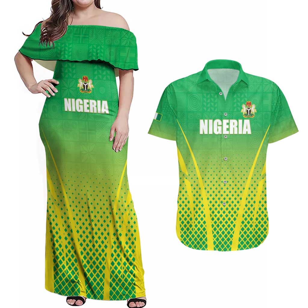 Custom Nigeria Cricket Couples Matching Off Shoulder Maxi Dress and Hawaiian Shirt Come On Yellow Greens - Wonder Print Shop