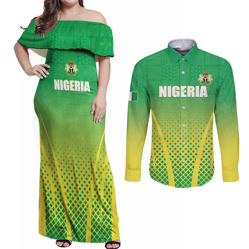 Custom Nigeria Cricket Couples Matching Off Shoulder Maxi Dress and Long Sleeve Button Shirt Come On Yellow Greens - Wonder Print Shop