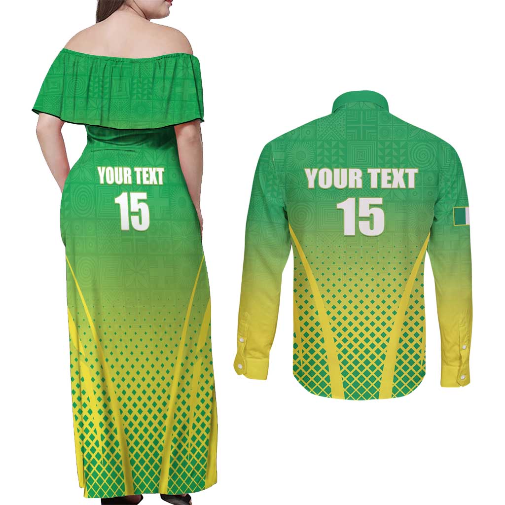 Custom Nigeria Cricket Couples Matching Off Shoulder Maxi Dress and Long Sleeve Button Shirt Come On Yellow Greens - Wonder Print Shop