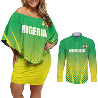 Custom Nigeria Cricket Couples Matching Off Shoulder Short Dress and Long Sleeve Button Shirt Come On Yellow Greens - Wonder Print Shop