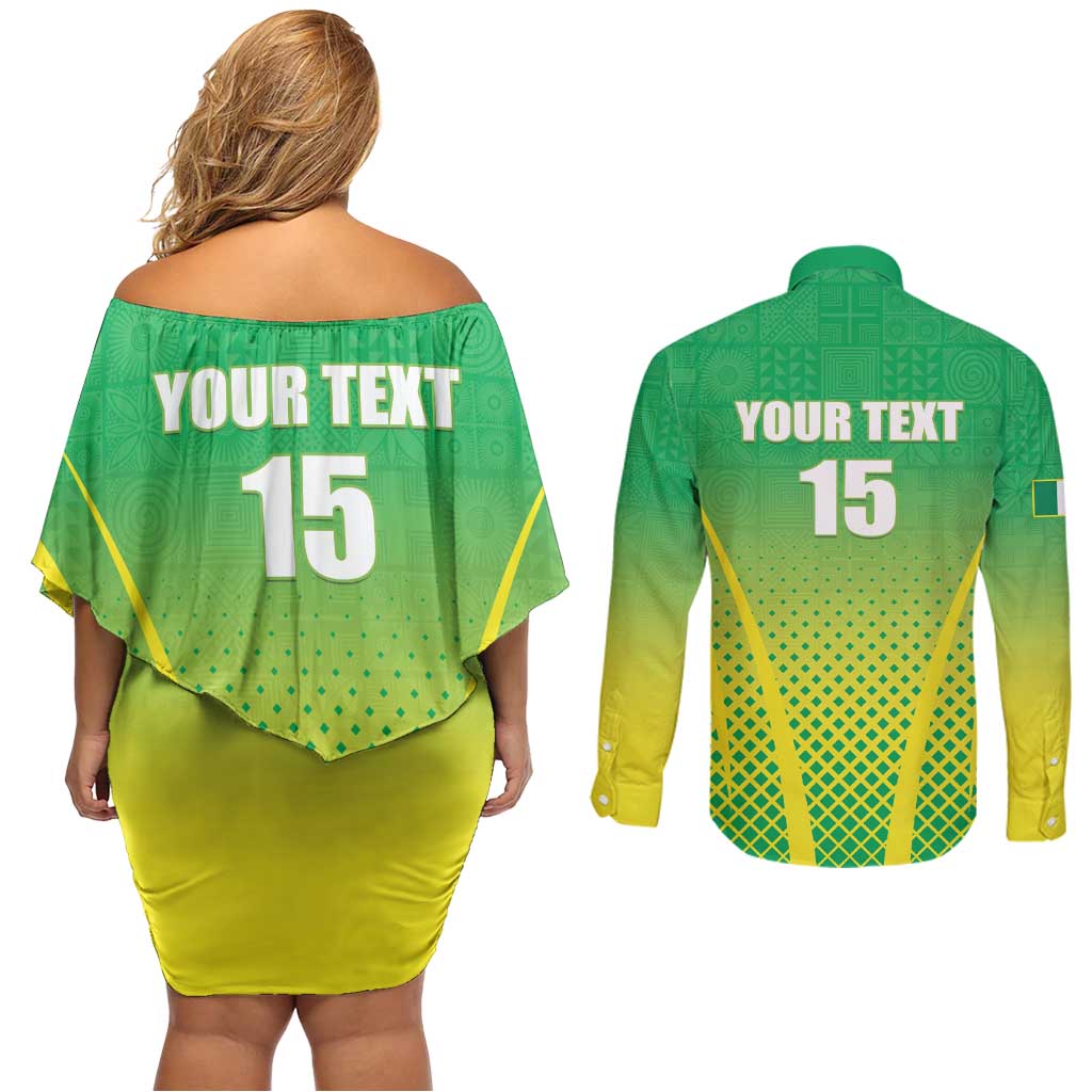 Custom Nigeria Cricket Couples Matching Off Shoulder Short Dress and Long Sleeve Button Shirt Come On Yellow Greens - Wonder Print Shop