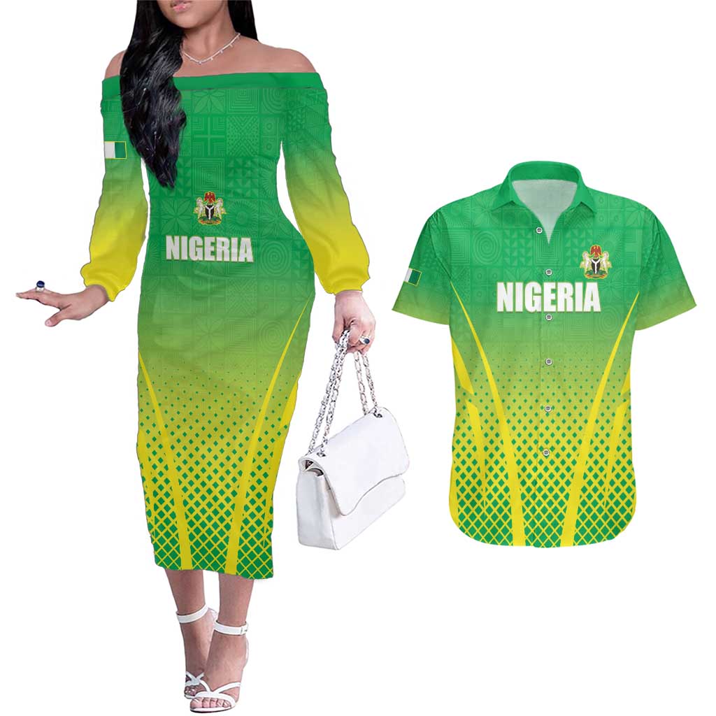 Custom Nigeria Cricket Couples Matching Off The Shoulder Long Sleeve Dress and Hawaiian Shirt Come On Yellow Greens - Wonder Print Shop