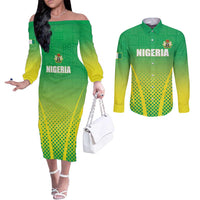 Custom Nigeria Cricket Couples Matching Off The Shoulder Long Sleeve Dress and Long Sleeve Button Shirt Come On Yellow Greens - Wonder Print Shop