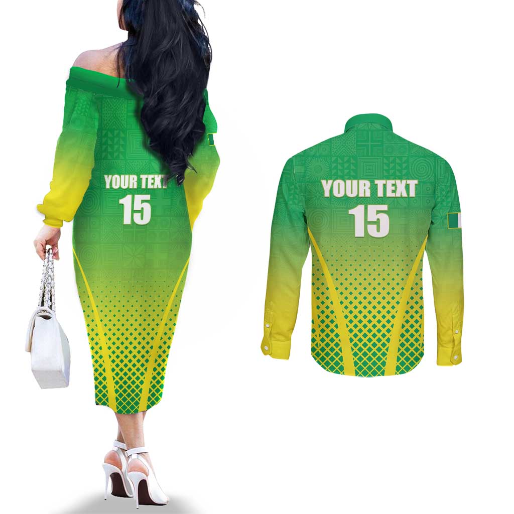 Custom Nigeria Cricket Couples Matching Off The Shoulder Long Sleeve Dress and Long Sleeve Button Shirt Come On Yellow Greens - Wonder Print Shop