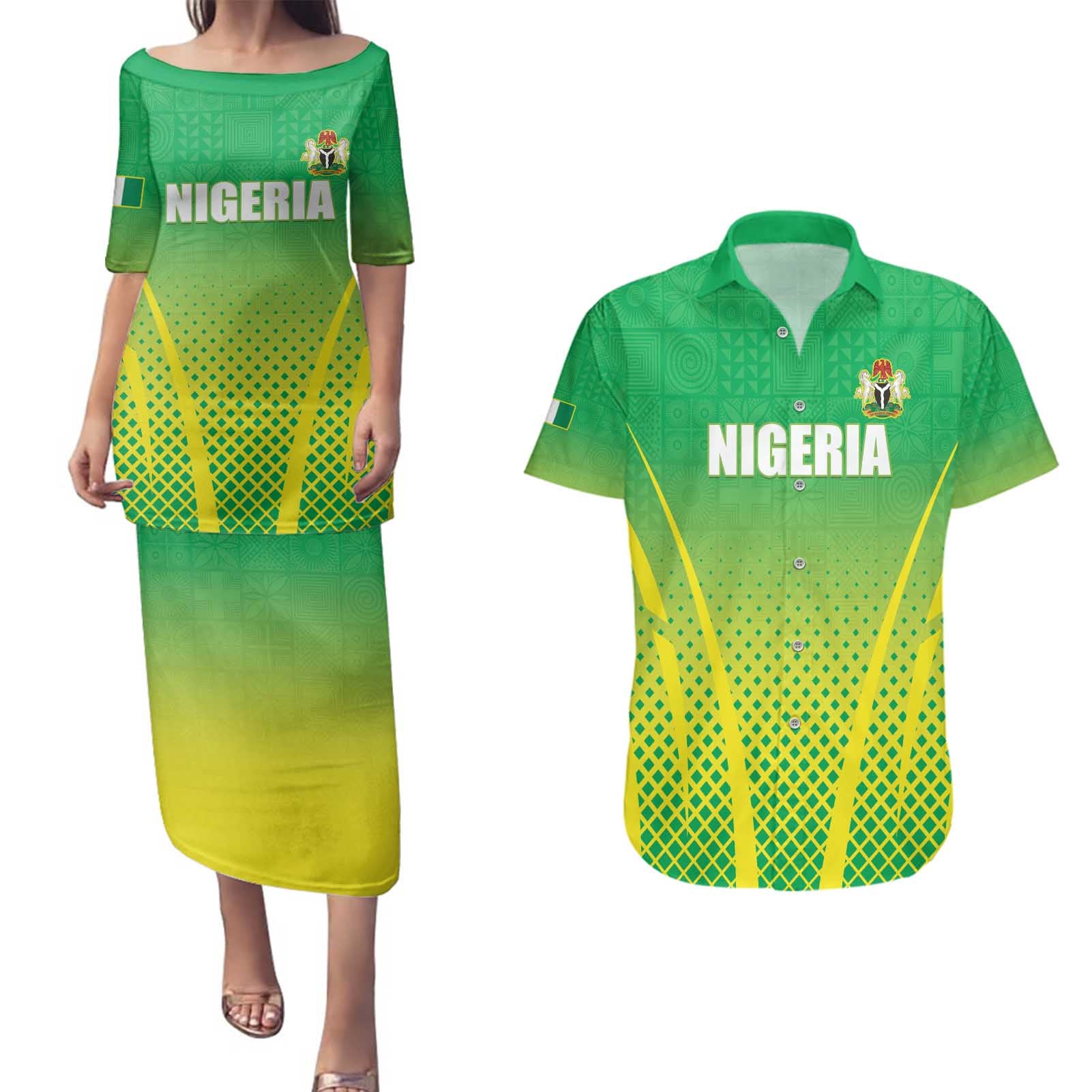Custom Nigeria Cricket Couples Matching Puletasi and Hawaiian Shirt Come On Yellow Greens - Wonder Print Shop