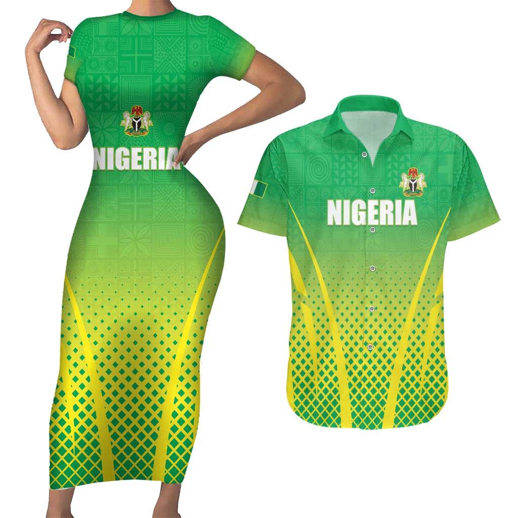 Custom Nigeria Cricket Couples Matching Short Sleeve Bodycon Dress and Hawaiian Shirt Come On Yellow Greens - Wonder Print Shop