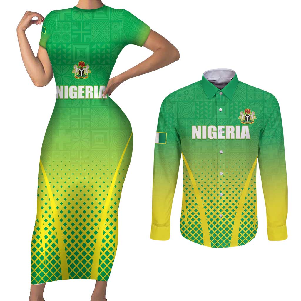 Custom Nigeria Cricket Couples Matching Short Sleeve Bodycon Dress and Long Sleeve Button Shirt Come On Yellow Greens - Wonder Print Shop