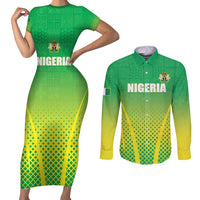Custom Nigeria Cricket Couples Matching Short Sleeve Bodycon Dress and Long Sleeve Button Shirt Come On Yellow Greens - Wonder Print Shop