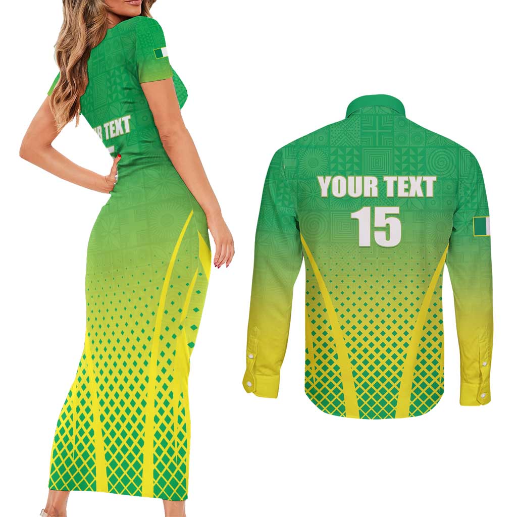 Custom Nigeria Cricket Couples Matching Short Sleeve Bodycon Dress and Long Sleeve Button Shirt Come On Yellow Greens - Wonder Print Shop