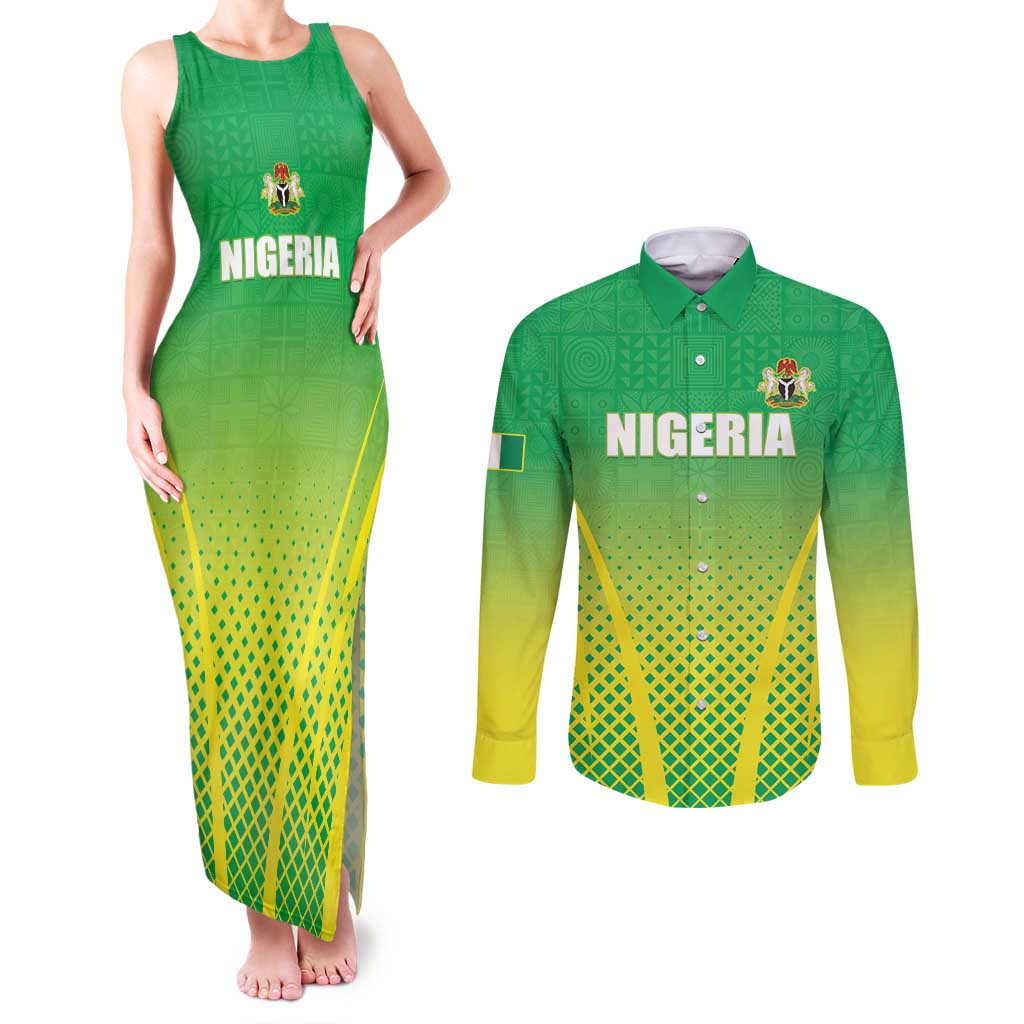 Custom Nigeria Cricket Couples Matching Tank Maxi Dress and Long Sleeve Button Shirt Come On Yellow Greens - Wonder Print Shop