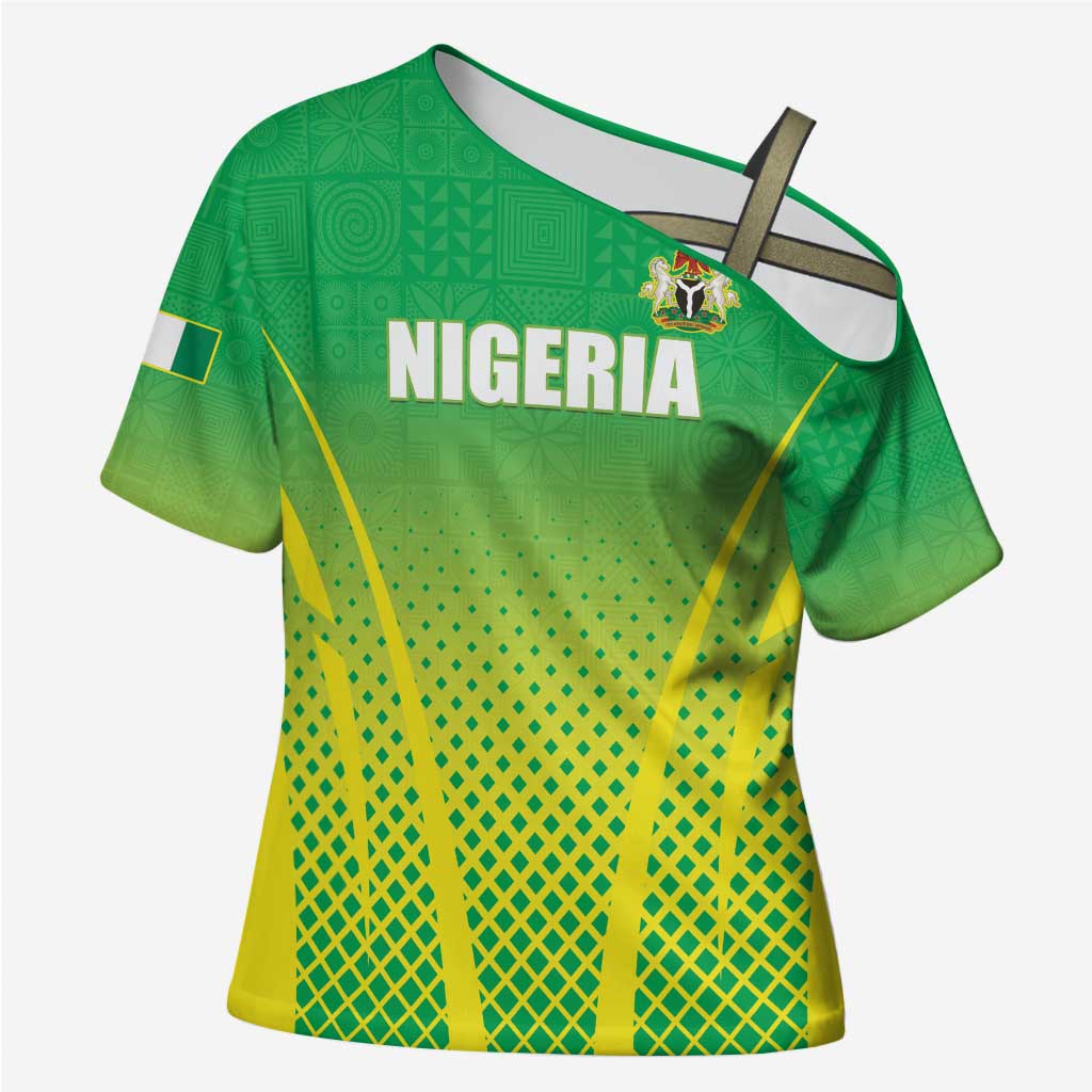 Custom Nigeria Cricket Cross Shoulder Shirt Come On Yellow Greens - Wonder Print Shop