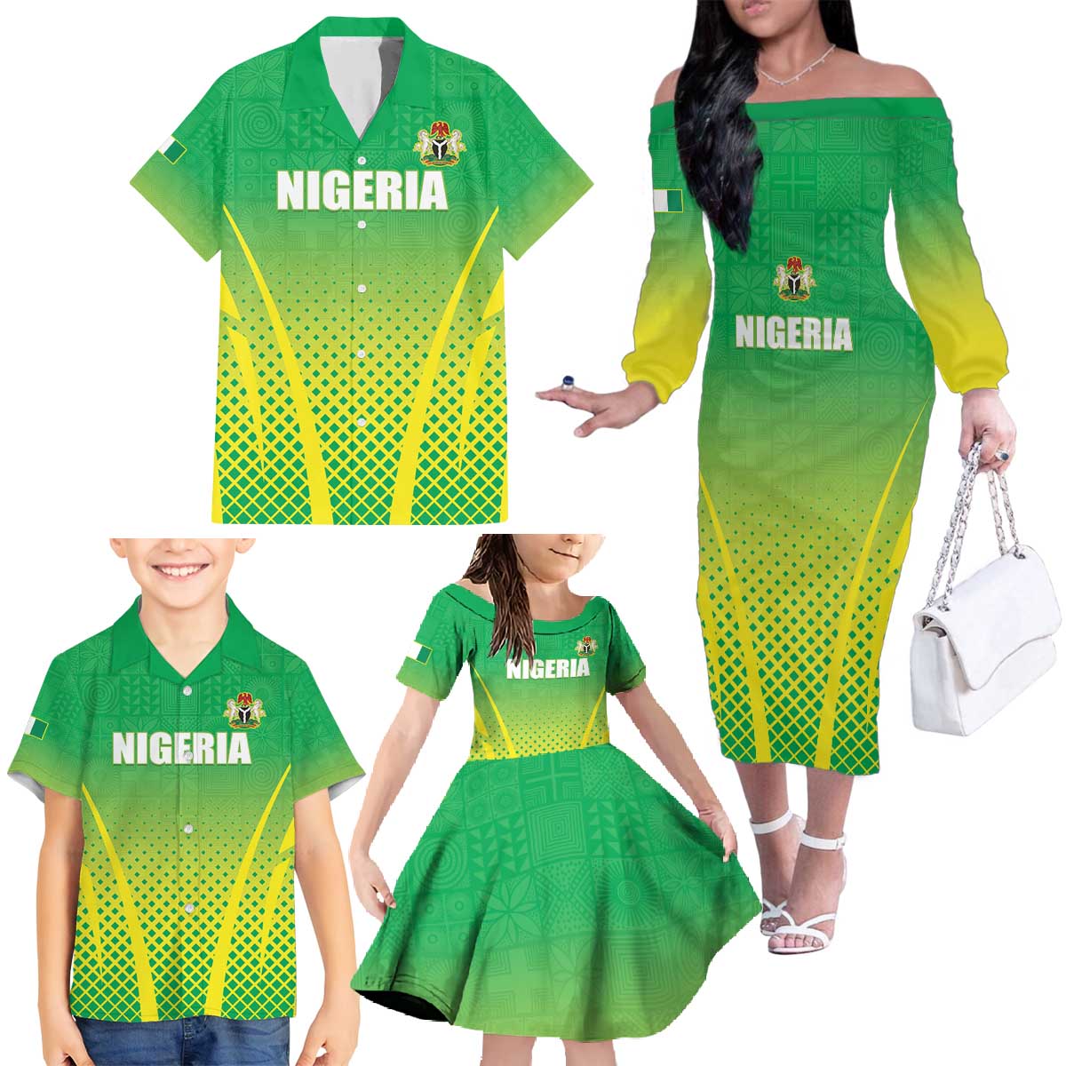 Custom Nigeria Cricket Family Matching Off The Shoulder Long Sleeve Dress and Hawaiian Shirt Come On Yellow Greens - Wonder Print Shop