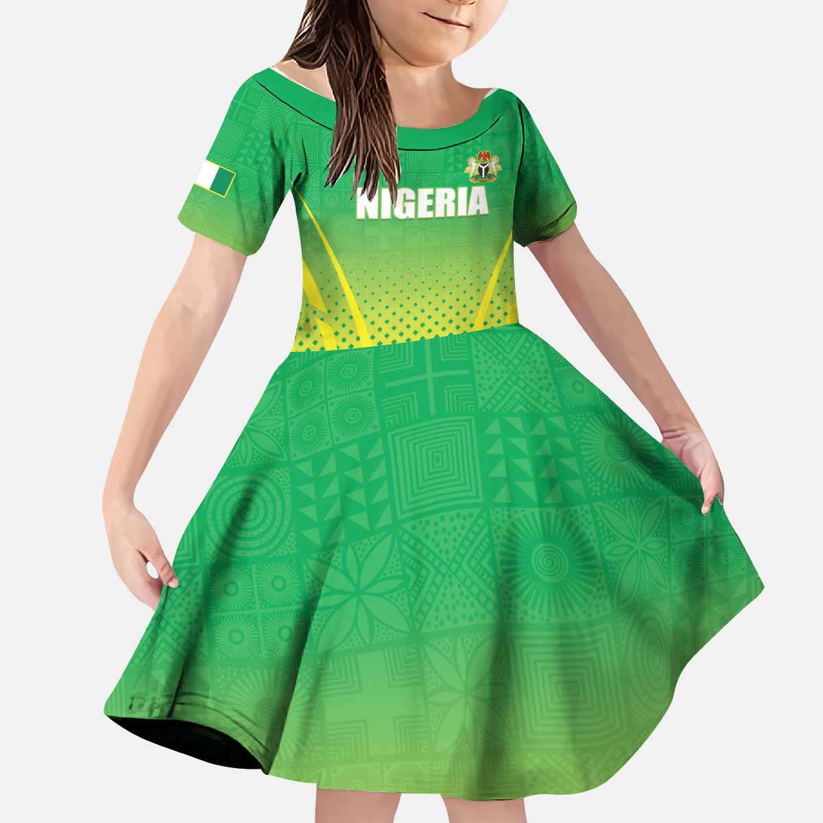 Custom Nigeria Cricket Kid Short Sleeve Dress Come On Yellow Greens - Wonder Print Shop