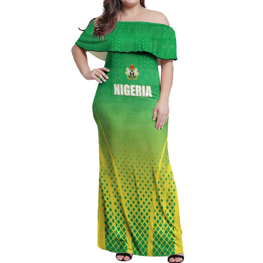 Custom Nigeria Cricket Off Shoulder Maxi Dress Come On Yellow Greens - Wonder Print Shop