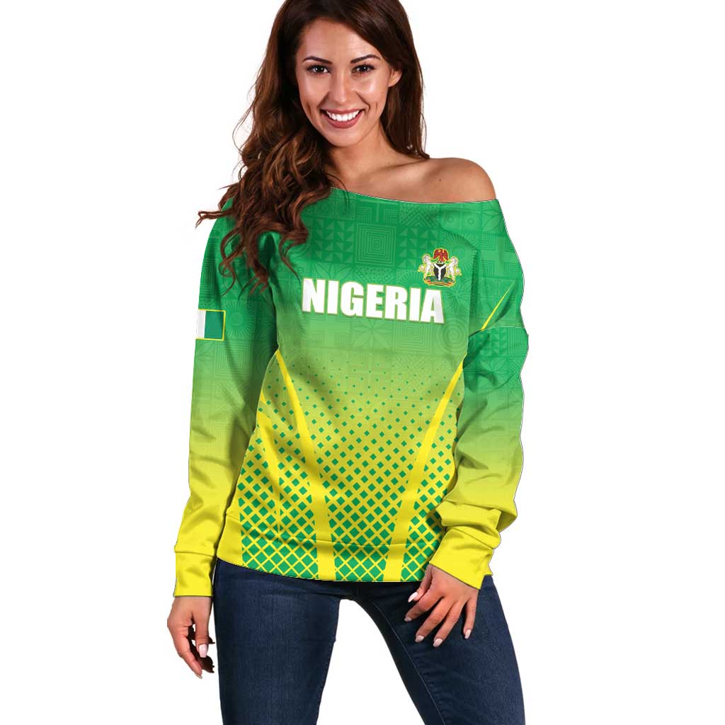Custom Nigeria Cricket Off Shoulder Sweater Come On Yellow Greens - Wonder Print Shop