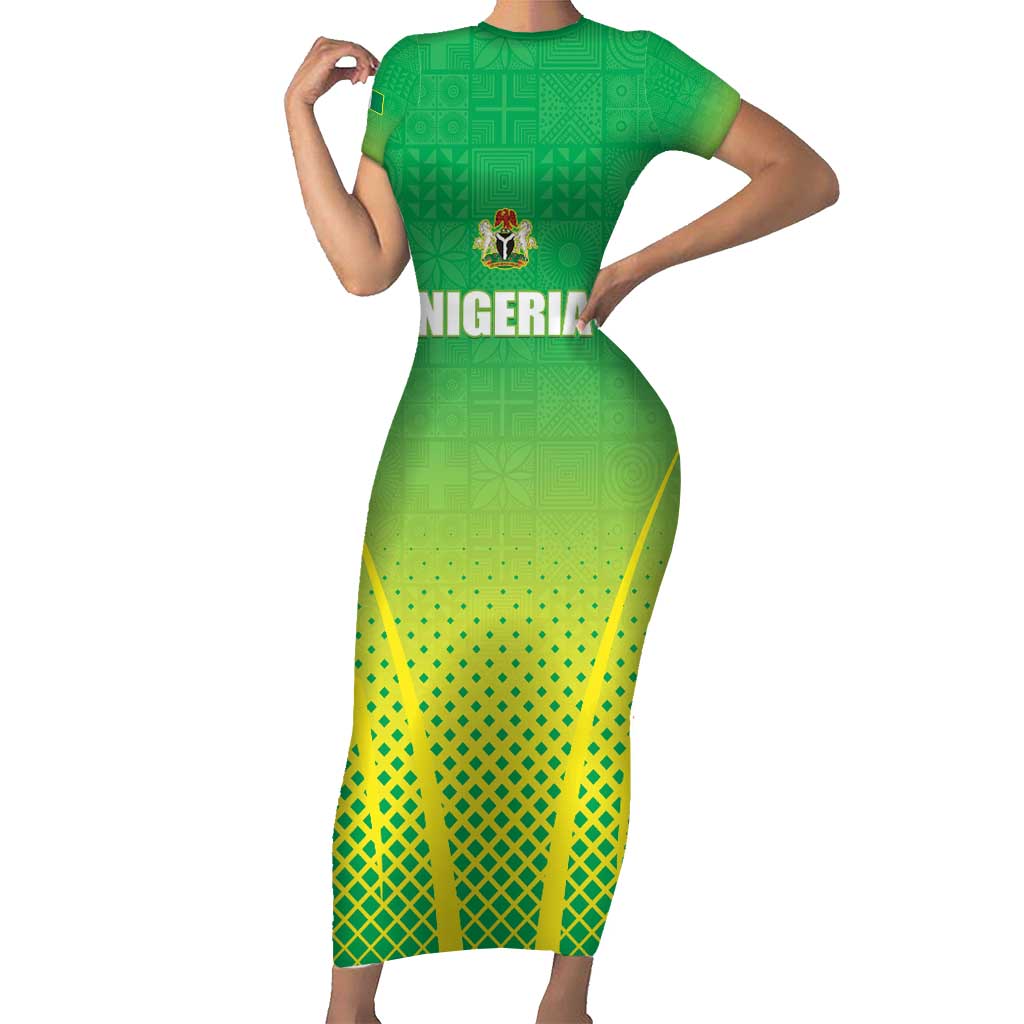 Custom Nigeria Cricket Short Sleeve Bodycon Dress Come On Yellow Greens - Wonder Print Shop