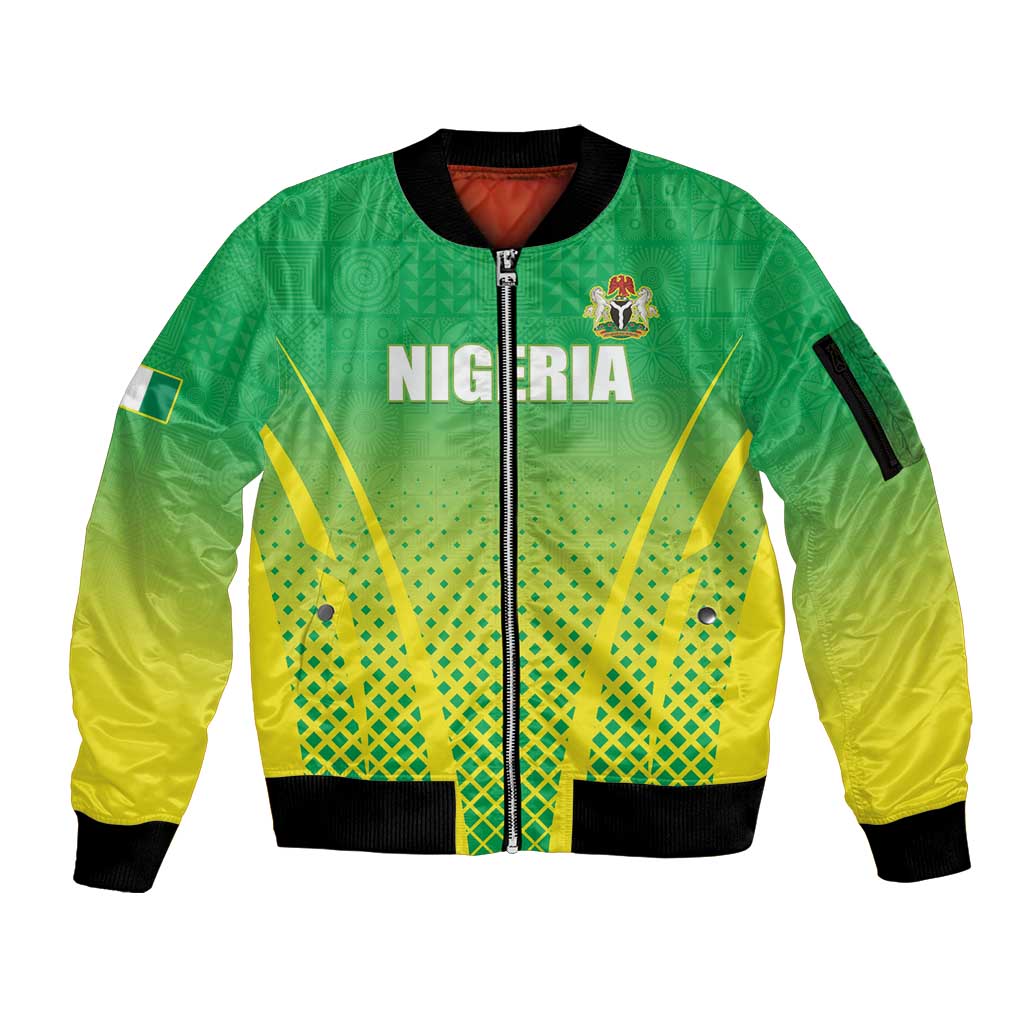 Custom Nigeria Cricket Sleeve Zip Bomber Jacket Come On Yellow Greens - Wonder Print Shop