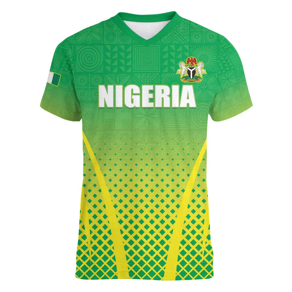 Custom Nigeria Cricket Women V-Neck T-Shirt Come On Yellow Greens - Wonder Print Shop