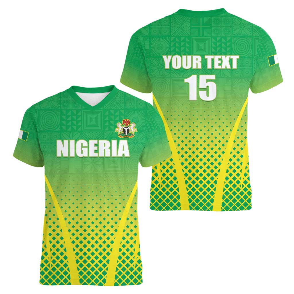 Custom Nigeria Cricket Women V-Neck T-Shirt Come On Yellow Greens - Wonder Print Shop