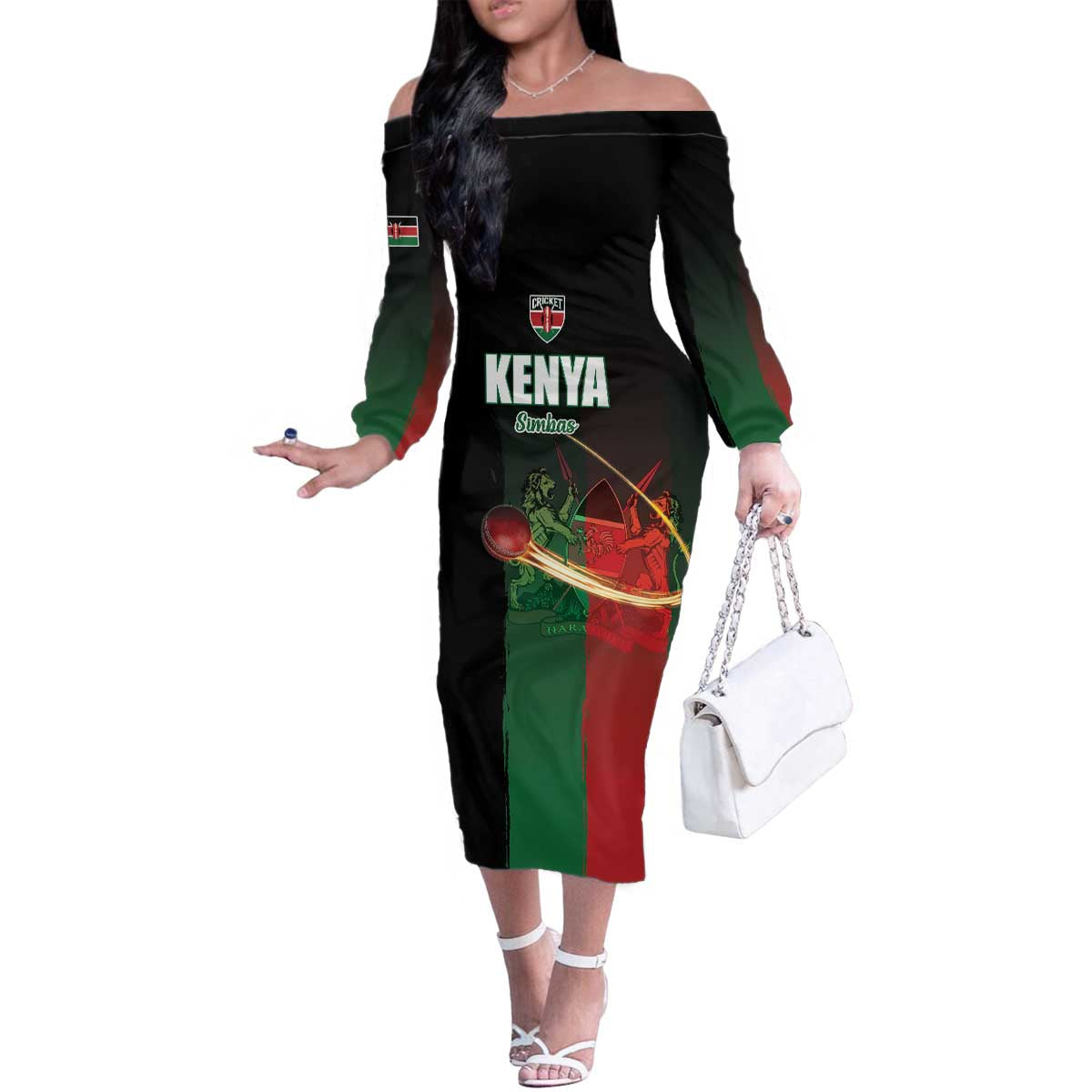 Custom Kenya Cricket Family Matching Off The Shoulder Long Sleeve Dress and Hawaiian Shirt Go Simbas Go - Wonder Print Shop