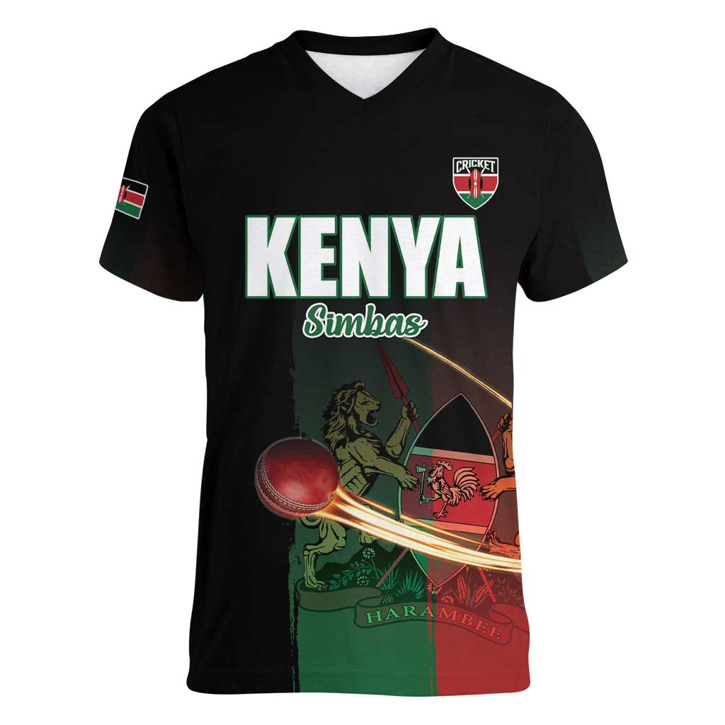 Custom Kenya Cricket Women V-Neck T-Shirt Go Simbas Go - Wonder Print Shop