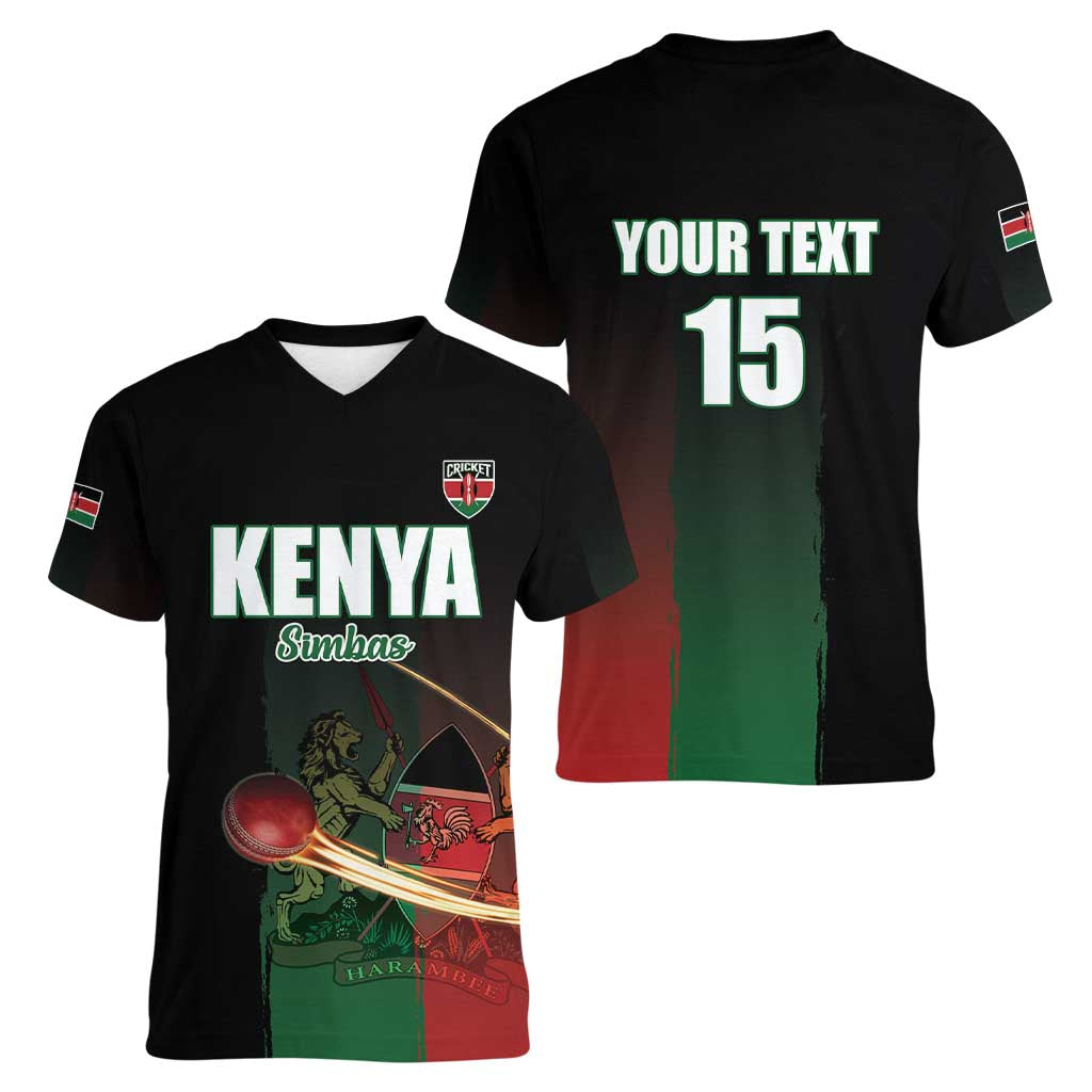 Custom Kenya Cricket Women V-Neck T-Shirt Go Simbas Go - Wonder Print Shop