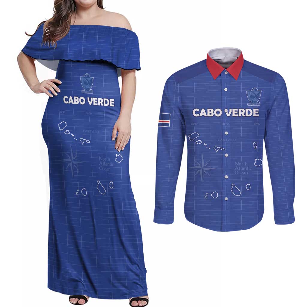 Custom Cape Verde Football Couples Matching Off Shoulder Maxi Dress and Long Sleeve Button Shirt Come On Tubaroes Azuis - Blue - Wonder Print Shop
