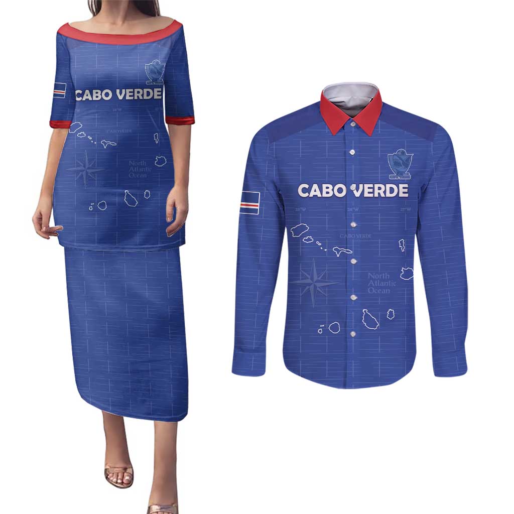 Custom Cape Verde Football Couples Matching Puletasi and Long Sleeve Button Shirt Come On Tubaroes Azuis - Blue - Wonder Print Shop