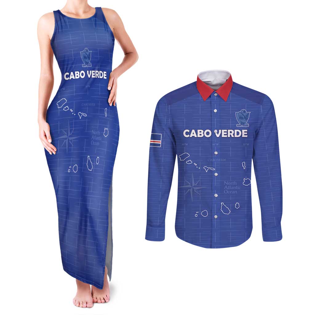 Custom Cape Verde Football Couples Matching Tank Maxi Dress and Long Sleeve Button Shirt Come On Tubaroes Azuis - Blue - Wonder Print Shop