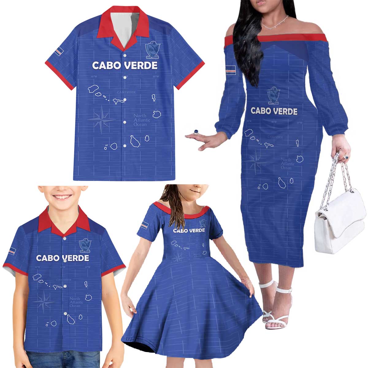 Custom Cape Verde Football Family Matching Off The Shoulder Long Sleeve Dress and Hawaiian Shirt Come On Tubaroes Azuis - Blue - Wonder Print Shop